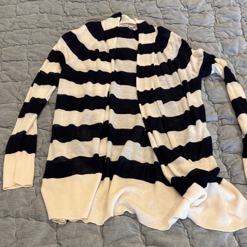 LOFT Black and Cream Striped Cardigan